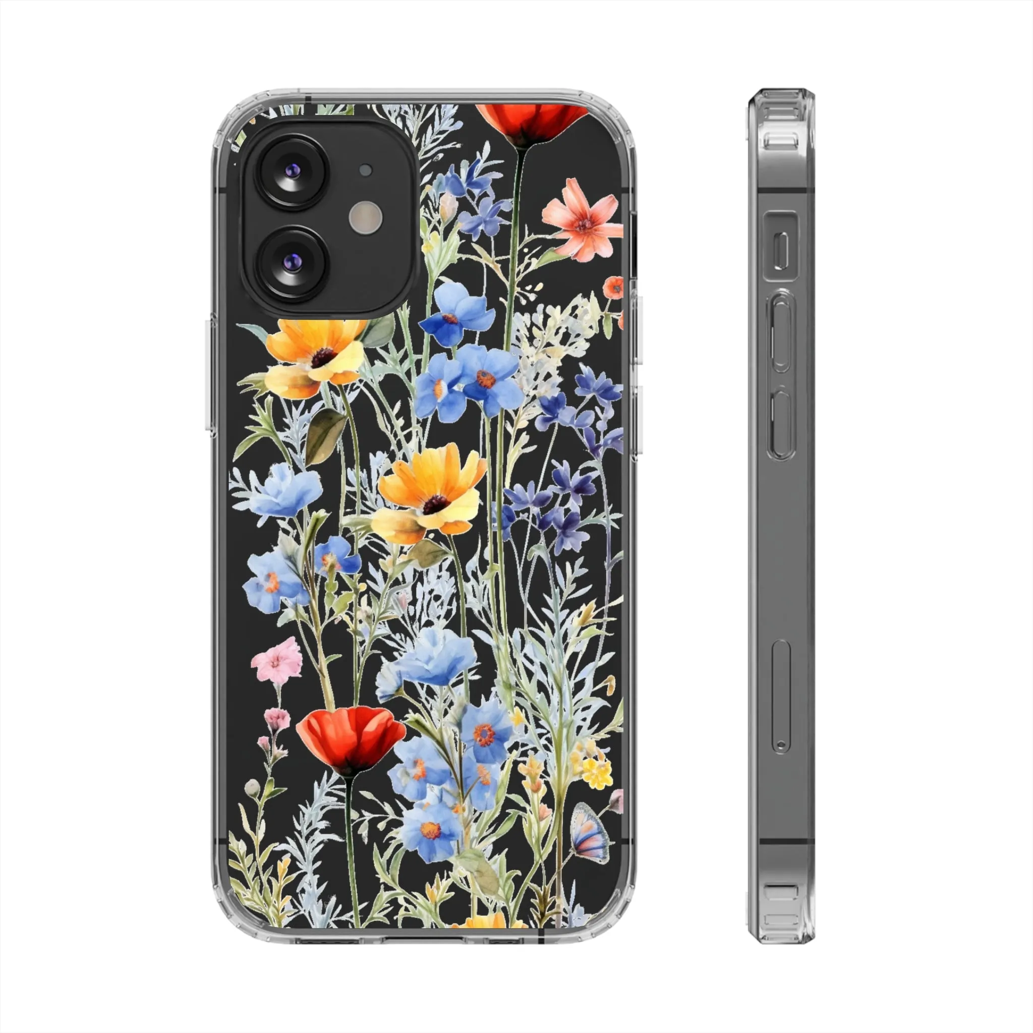 Wildflowers Clear iPhone 14 13 12 11 Pro Max Mini Case, Floral Flowers Watercolor Print Cute Aesthetic Galaxy S22 Transparent