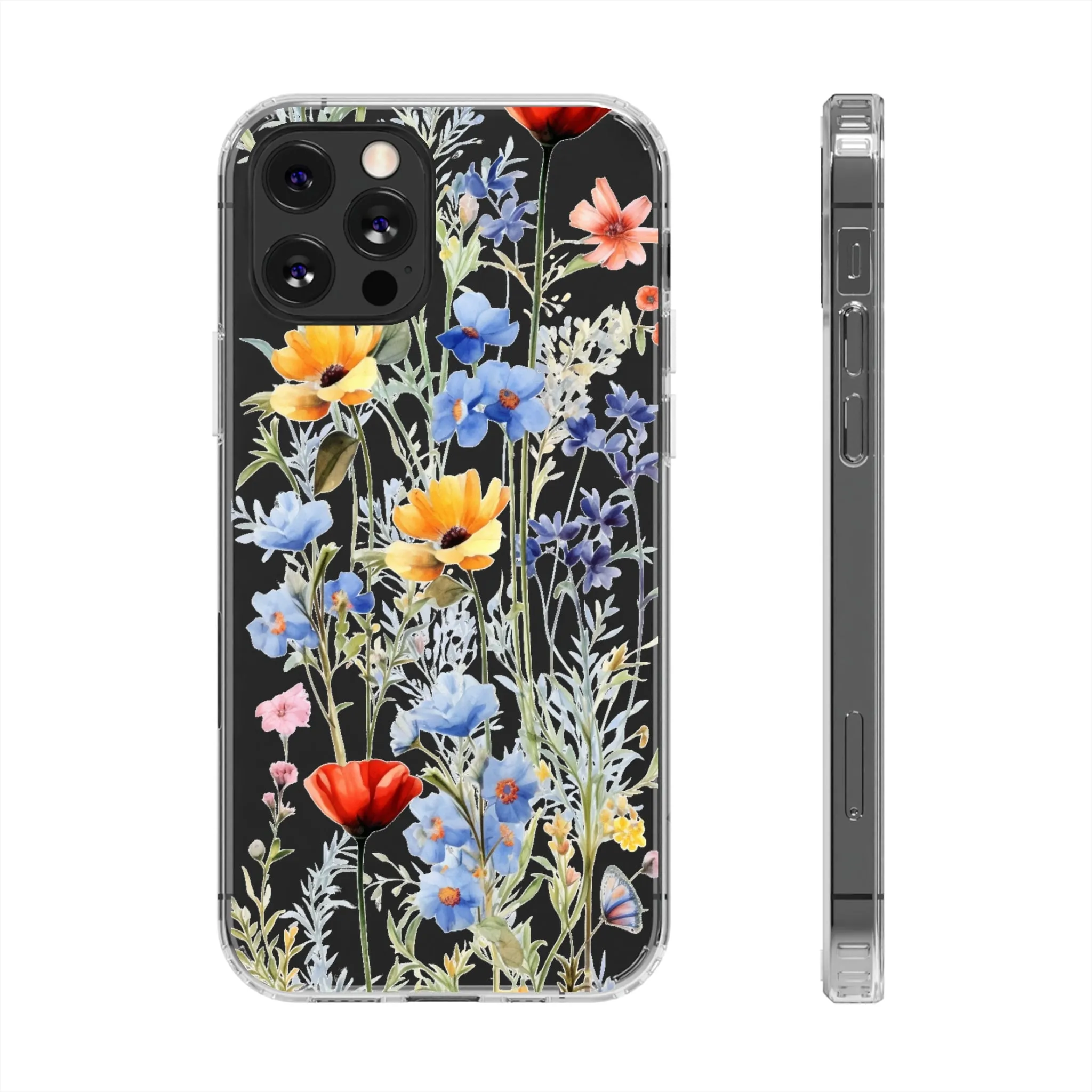 Wildflowers Clear iPhone 14 13 12 11 Pro Max Mini Case, Floral Flowers Watercolor Print Cute Aesthetic Galaxy S22 Transparent