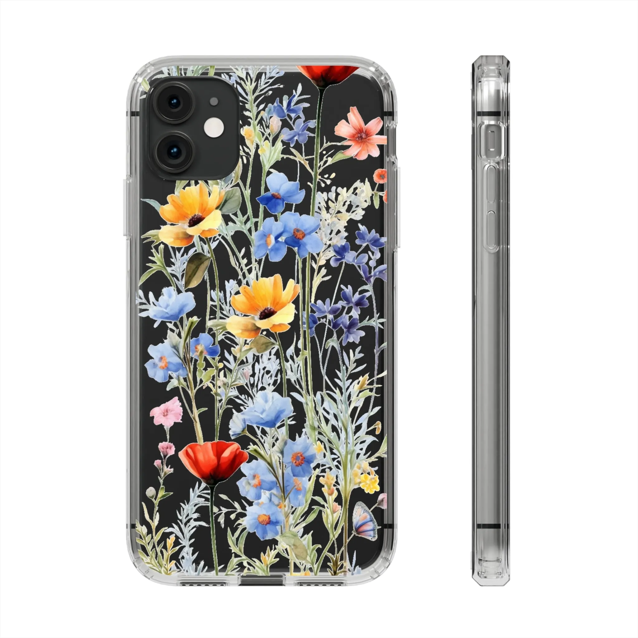 Wildflowers Clear iPhone 14 13 12 11 Pro Max Mini Case, Floral Flowers Watercolor Print Cute Aesthetic Galaxy S22 Transparent