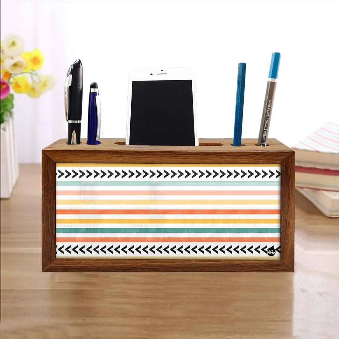 Wooden Pen Stand for Office - Colorful Strips