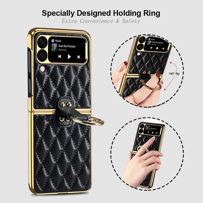 Z Premium Leather Back Scratch Resistant Shockproof Flip Folding Strap Diamond Ring Phone Case