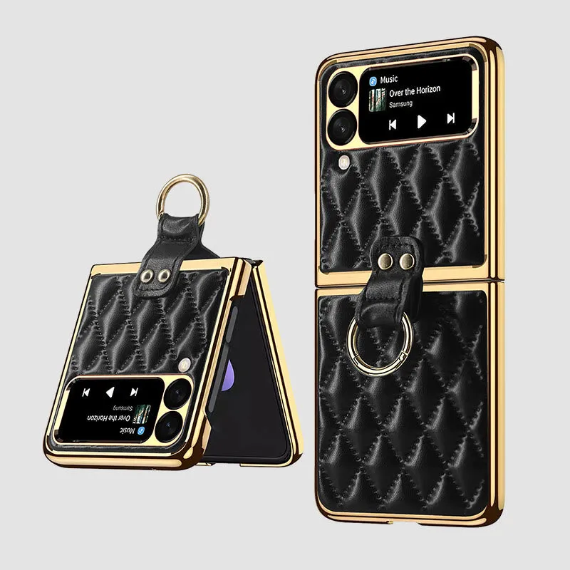 Z Premium Leather Back Scratch Resistant Shockproof Flip Folding Strap Diamond Ring Phone Case