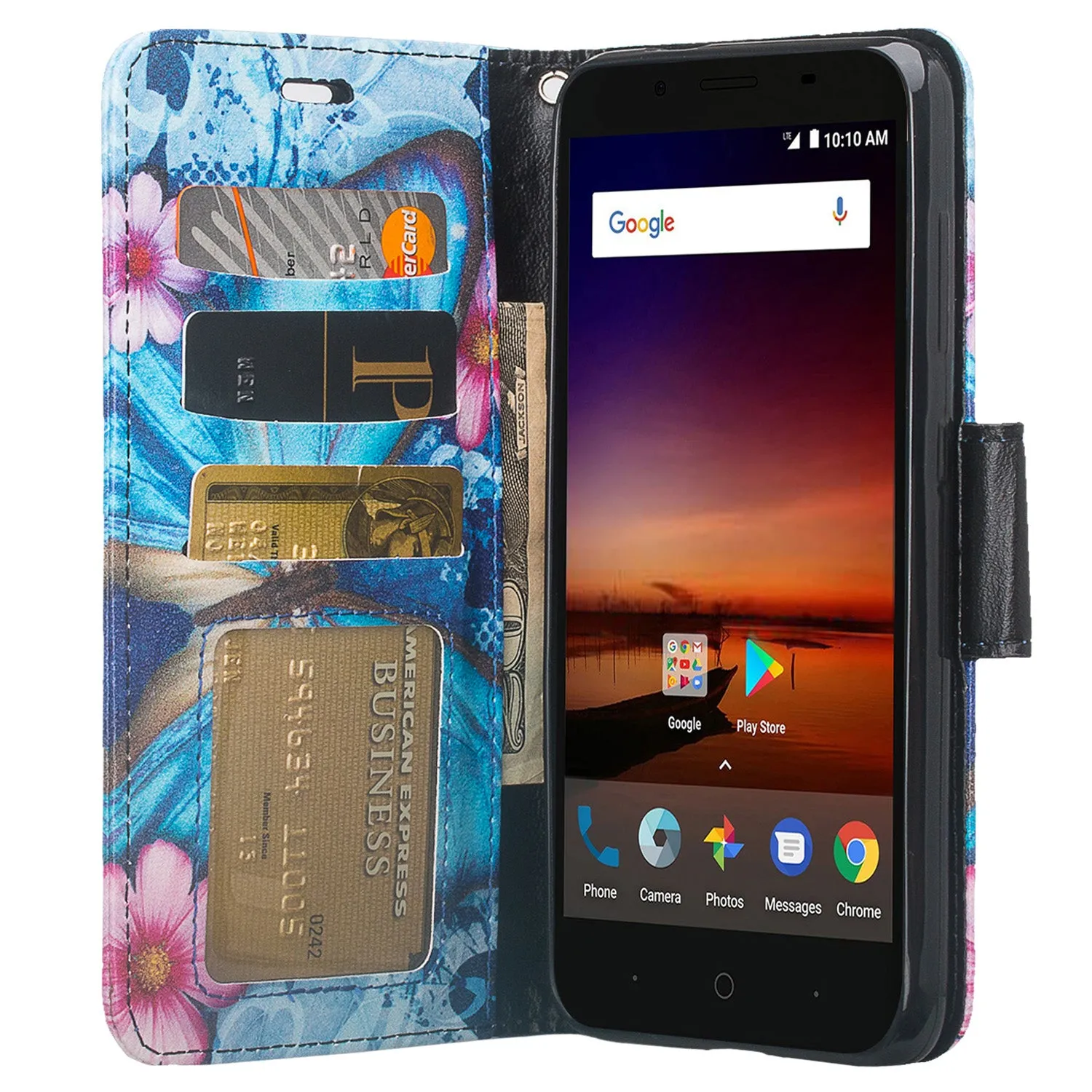 ZTE Blade Force | ZTE N9517 Pu Leather Magnetic Flip Fold[Kickstand] Wrist Strap Wallet Case with ID & Card Slots for ZTE Blade Force - Blue Butterfly