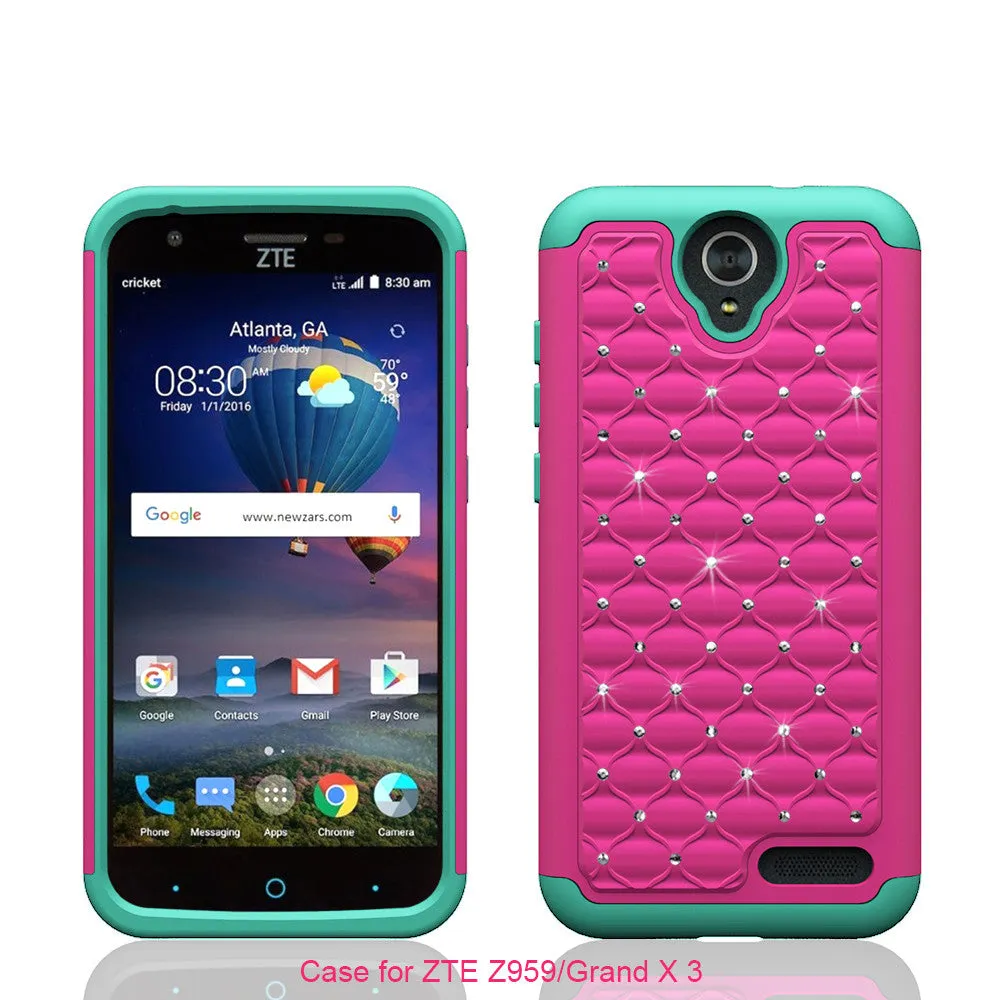 ZTE Grand X3, ZMAX Grand, ZMAX Champ, Warp 7, Avid 916 Case, Rhinestone Case Cover, Slim Hybrid Dual Layer[Shock Resistant] Crystal Rhinestone Studded Case Cover - Hot Pink/Teal