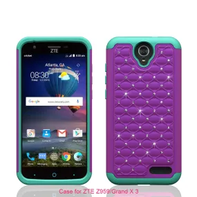 ZTE Grand X3, ZMAX Grand, ZMAX Champ, Warp 7, Avid 916 Case, Rhinestone Case Cover, Slim Hybrid Dual Layer[Shock Resistant] Crystal Rhinestone Studded Case Cover - Purple/Teal