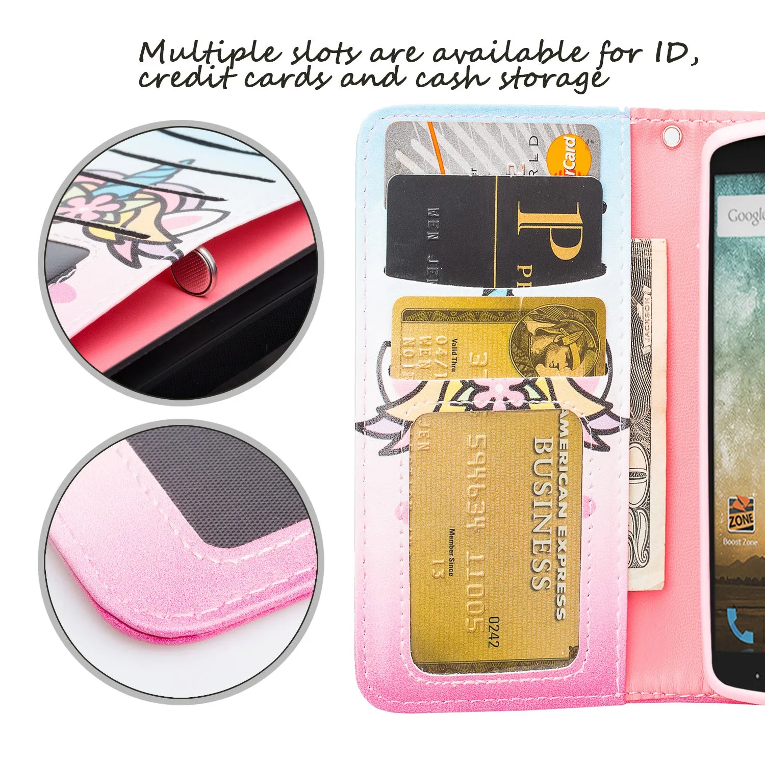 ZTE Ultra Case | ZTE Quest | ZTE Uhura Case, Wrist Strap Magnetic Flip Fold[Kickstand] Pu Leather Wallet Case with ID & Credit Card Slots for ZTE Ultra/Quest/Uhura - White Unicorn