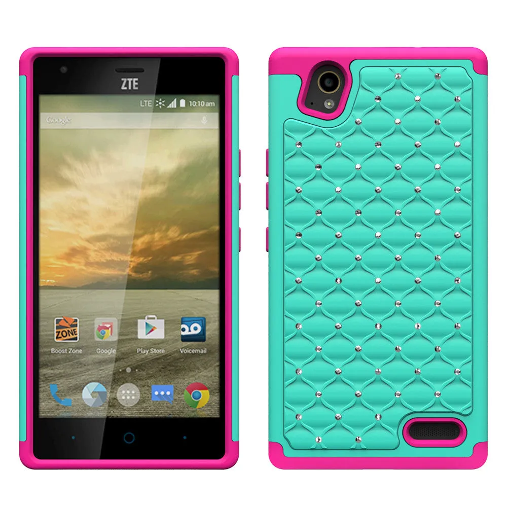 ZTE Warp Elite | ZTE N9158 Rhinestone Case , Slim Hybrid Dual Layer[Shock Resistant] Crystal Rhinestone Studded Case Cover - Teal/Hot Pink