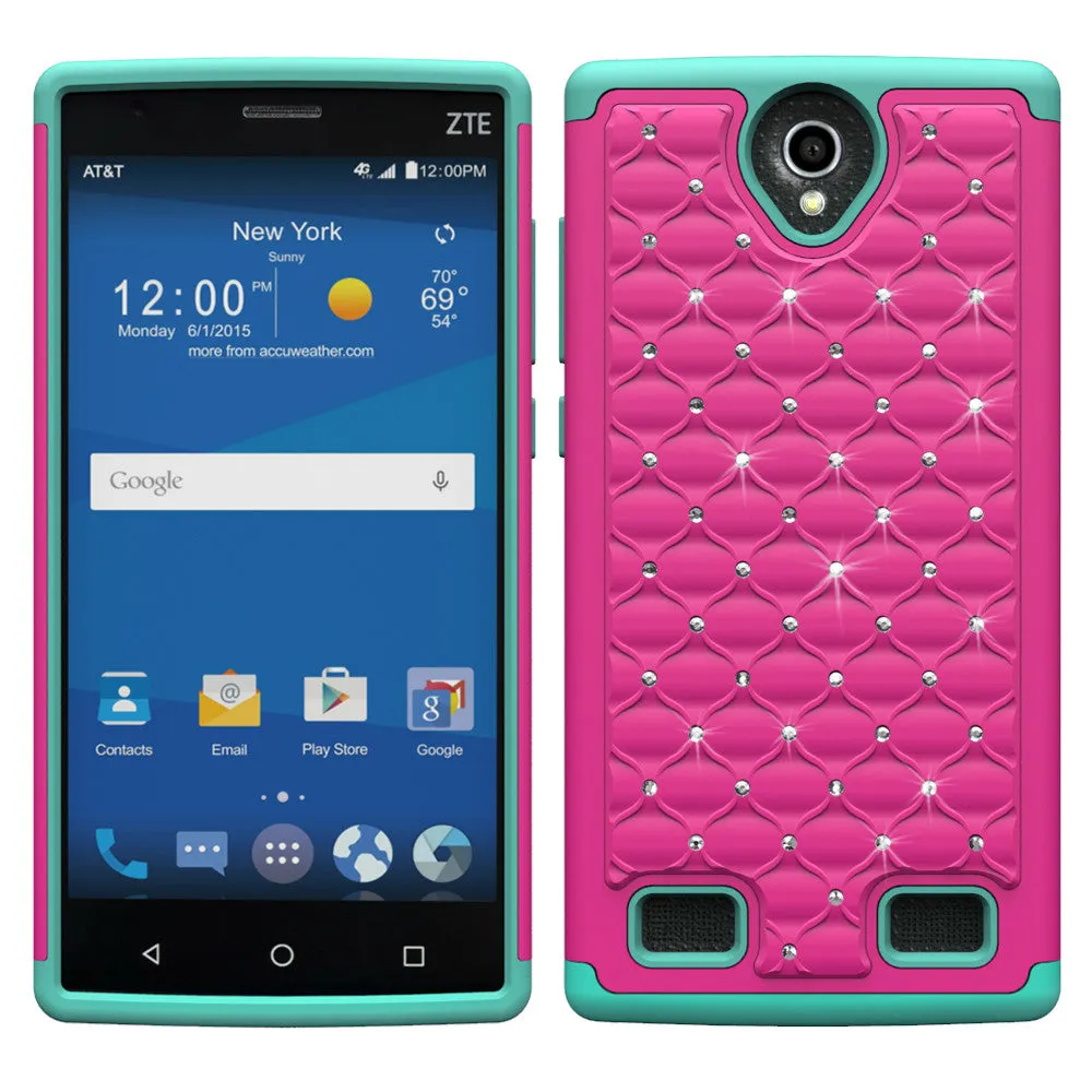 ZTE ZMAX 2 | Z958 Rhinestone Case , Slim Hybrid Dual Layer[Shock Resistant] Crystal Rhinestone Studded Case Cover - Hot Pink/Teal